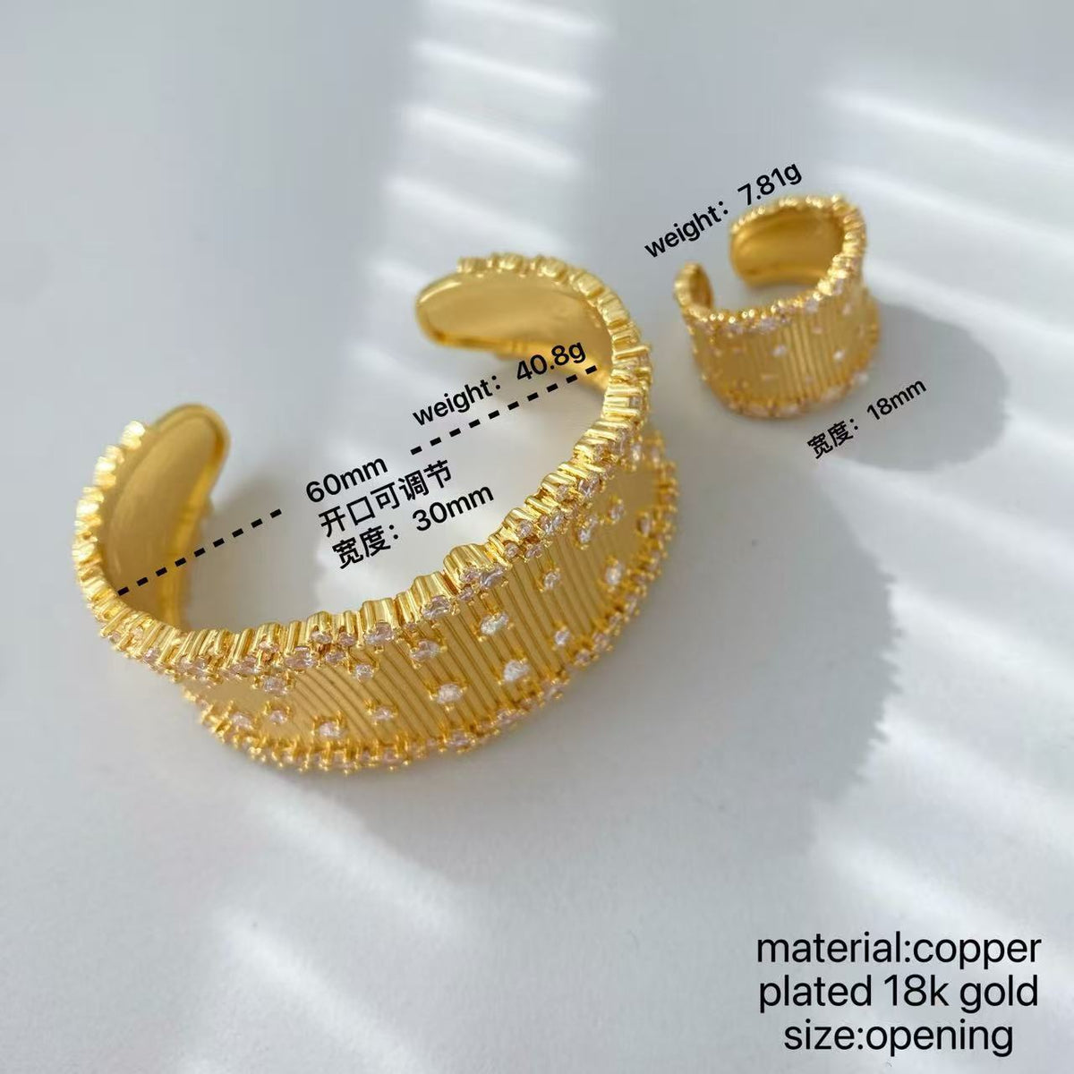 Vintage Italian Hand Brush Cubic Zirco Open Adjustable Bangle Rings, Real Gold Plated Stackable Finger Ring Jewelry Gifts