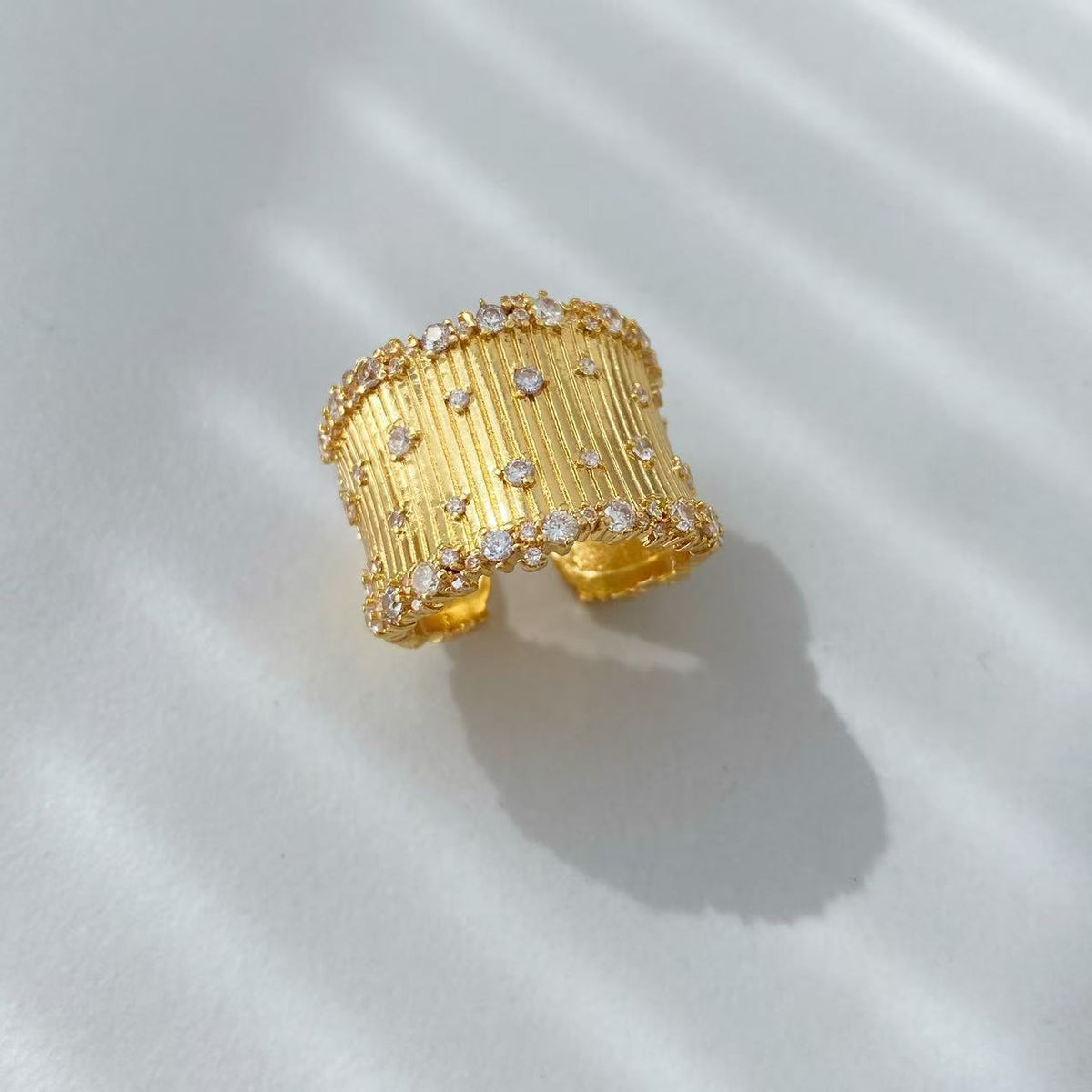 Vintage Italian Hand Brush Cubic Zirco Open Adjustable Bangle Rings, Real Gold Plated Stackable Finger Ring Jewelry Gifts