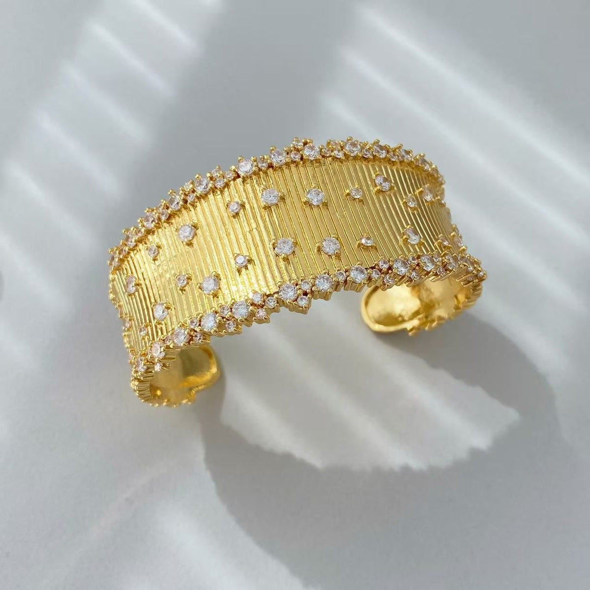 Vintage Italian Hand Brush Cubic Zirco Open Adjustable Bangle Rings, Real Gold Plated Stackable Finger Ring Jewelry Gifts