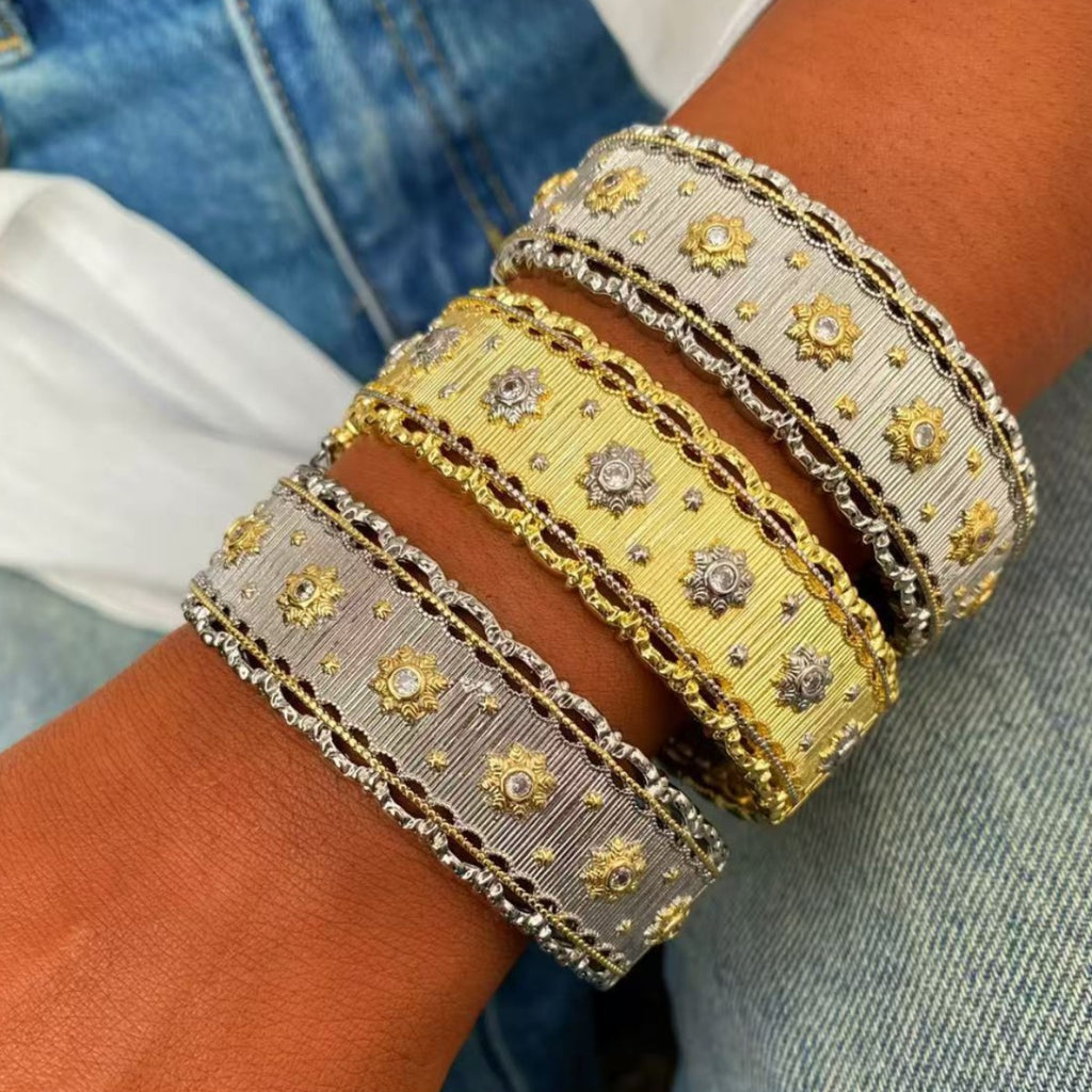 Vintage Italian Hand Brush Cubic Zirco Open Adjustable Bangle Rings, Real Gold Plated Stackable Finger Ring Jewelry Gifts