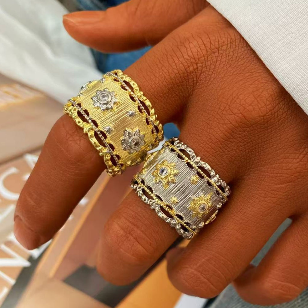 Vintage Italian Hand Brush Cubic Zirco Open Adjustable Bangle Rings, Real Gold Plated Stackable Finger Ring Jewelry Gifts