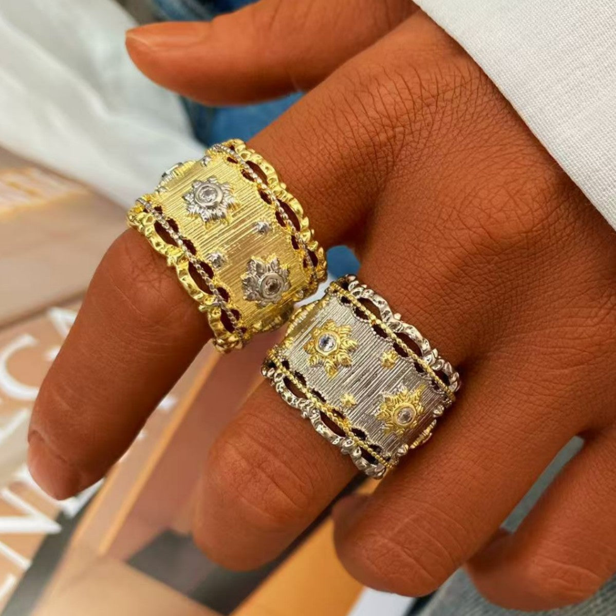 Vintage Italian Hand Brush Cubic Zirco Open Adjustable Bangle Rings, Real Gold Plated Stackable Finger Ring Jewelry Gifts