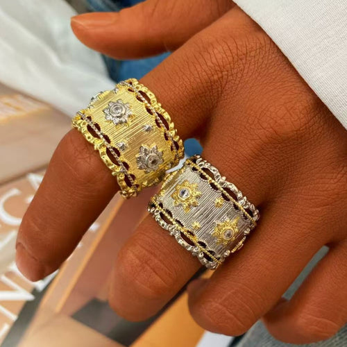 Vintage Italian Hand Brush Cubic Zirco Open Adjustable Bangle Rings, Real Gold Plated Stackable Finger Ring Jewelry Gifts