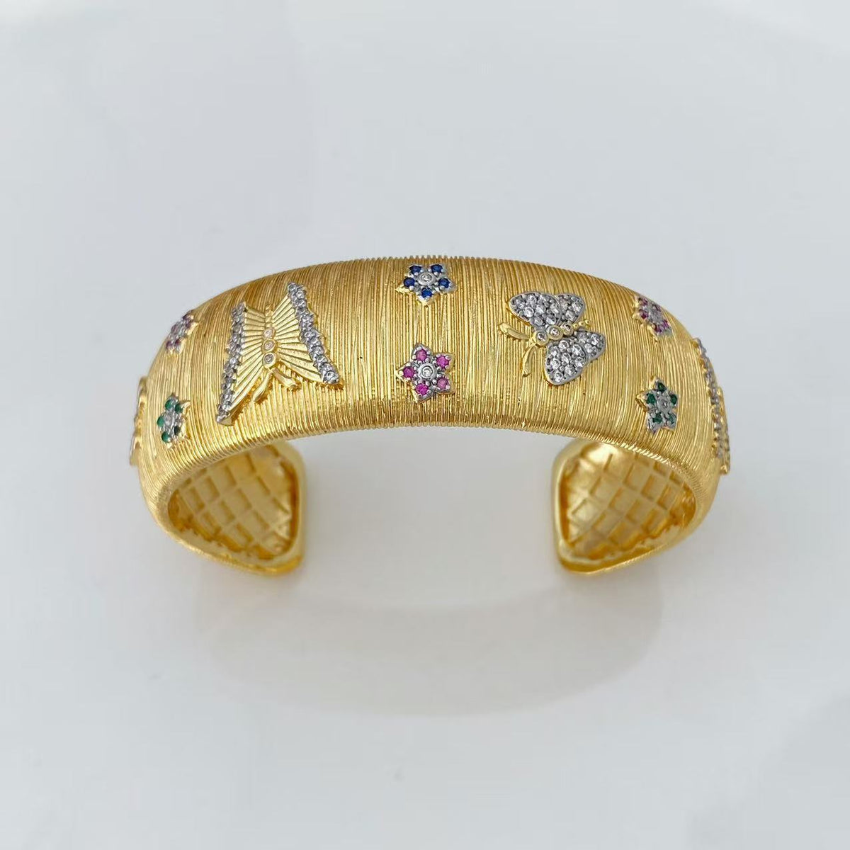Vintage Italian Hand Brush Cubic Zirco Open Adjustable Bangle Rings, Real Gold Plated Stackable Finger Ring Jewelry Gifts