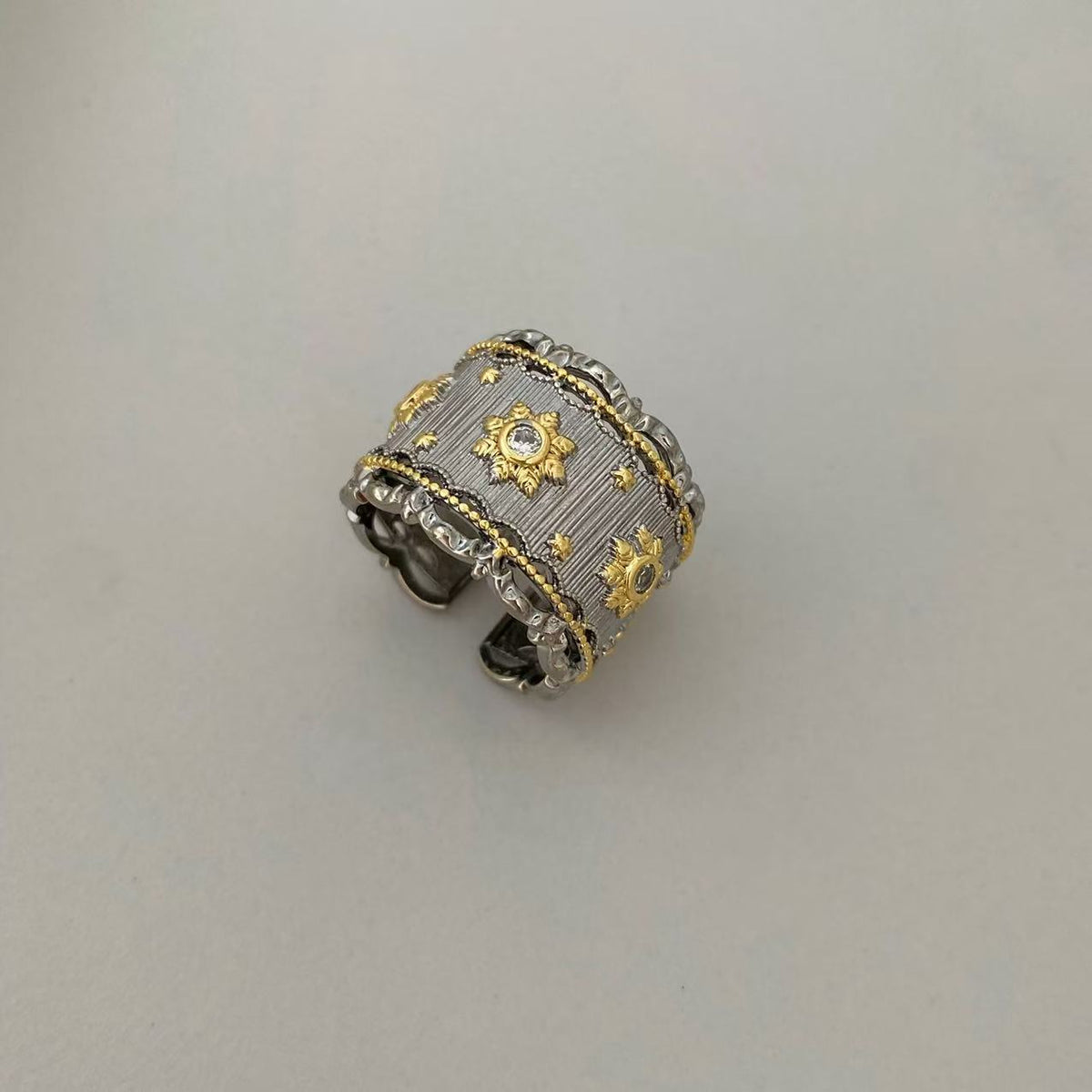 Vintage Italian Hand Brush Cubic Zirco Open Adjustable Bangle Rings, Real Gold Plated Stackable Finger Ring Jewelry Gifts