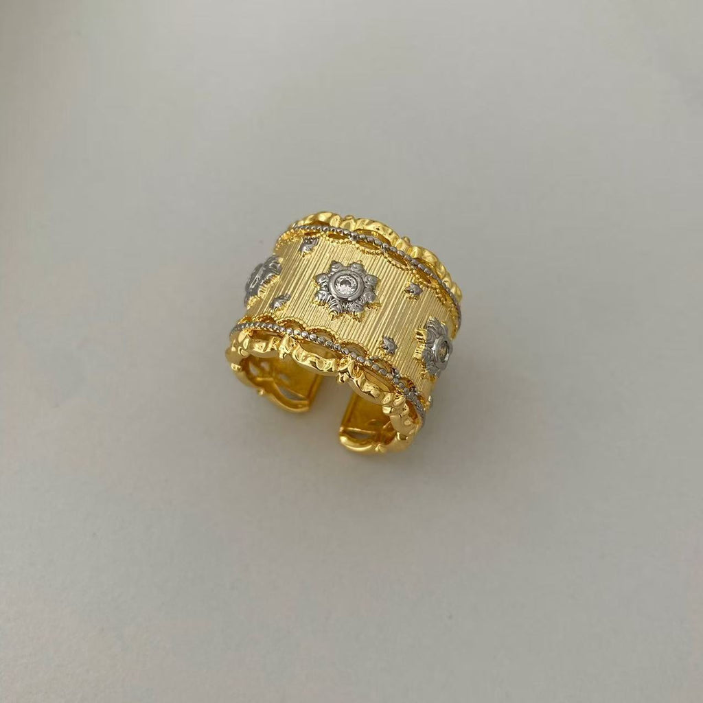 Vintage Italian Hand Brush Cubic Zirco Open Adjustable Bangle Rings, Real Gold Plated Stackable Finger Ring Jewelry Gifts