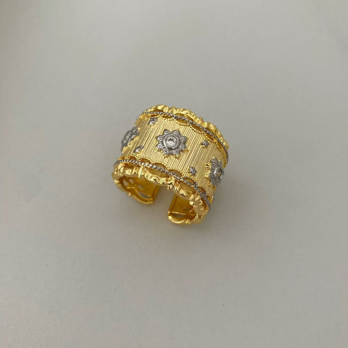 Vintage Italian Hand Brush Cubic Zirco Open Adjustable Bangle Rings, Real Gold Plated Stackable Finger Ring Jewelry Gifts