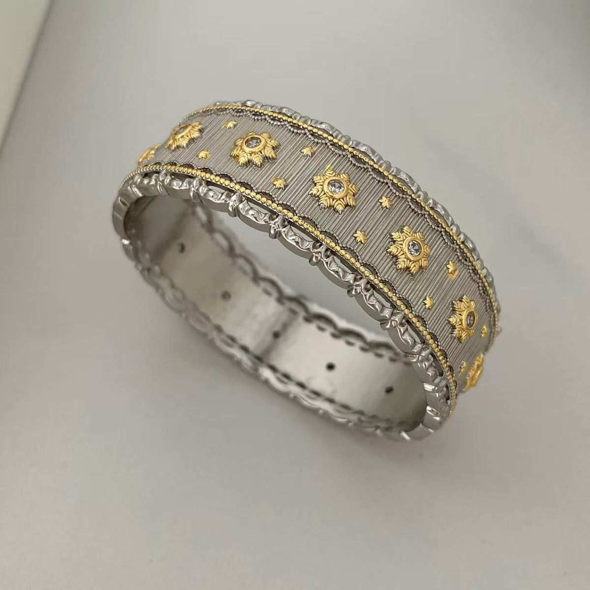 Vintage Italian Hand Brush Cubic Zirco Open Adjustable Bangle Rings, Real Gold Plated Stackable Finger Ring Jewelry Gifts