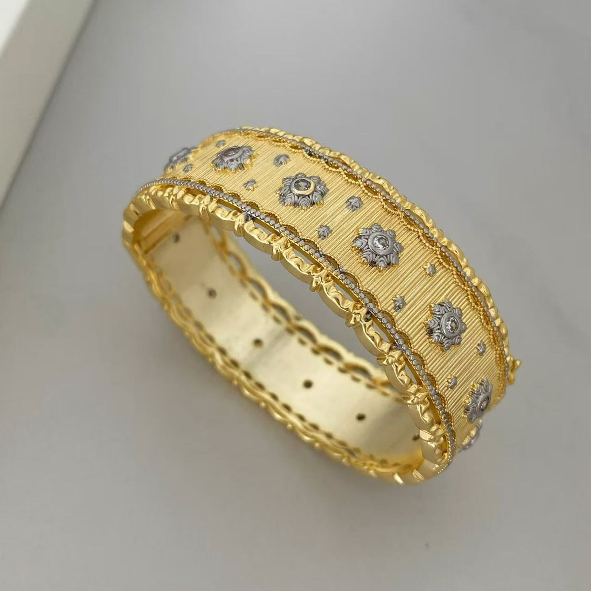 Vintage Italian Hand Brush Cubic Zirco Open Adjustable Bangle Rings, Real Gold Plated Stackable Finger Ring Jewelry Gifts