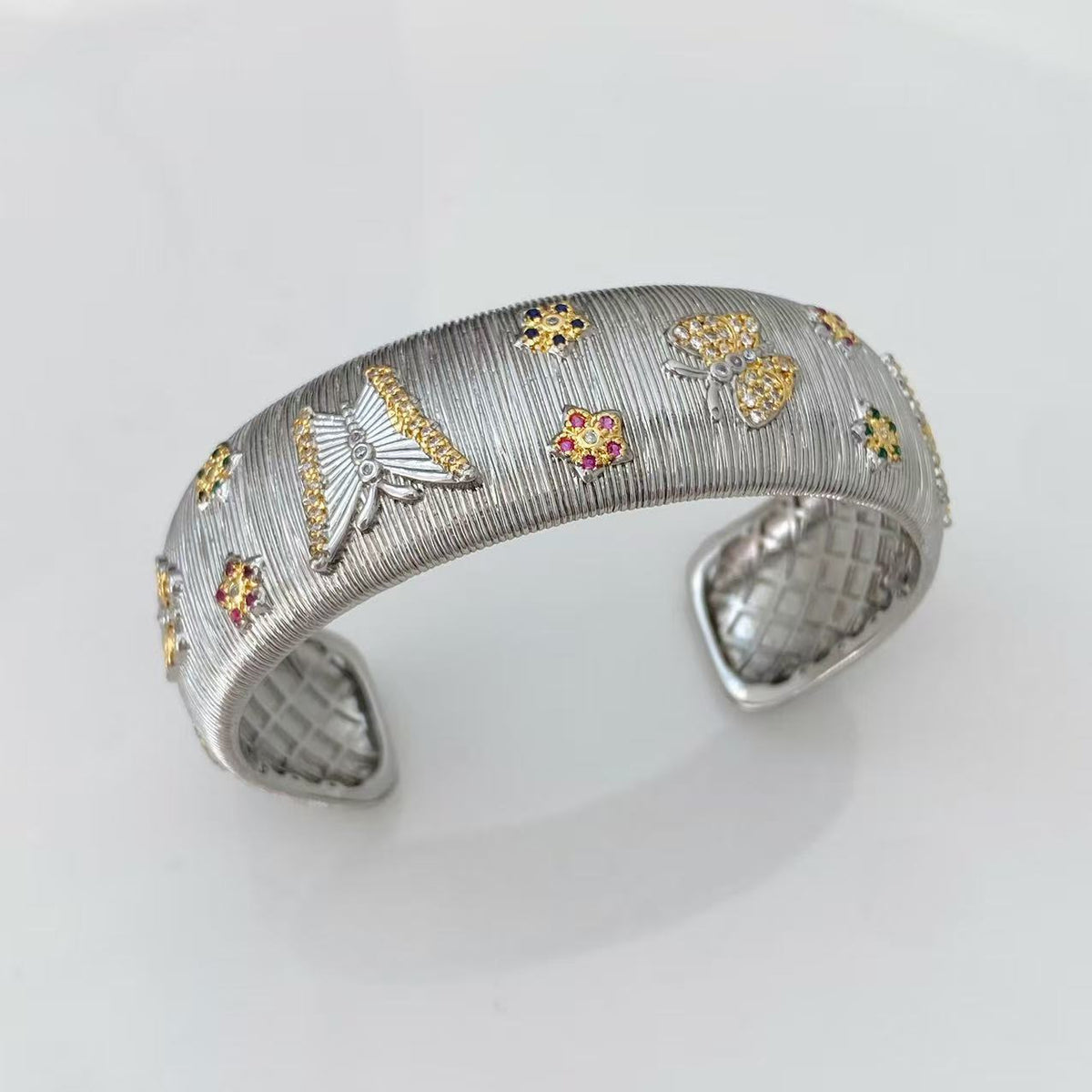 Vintage Italian Hand Brush Cubic Zirco Open Adjustable Bangle Rings, Real Gold Plated Stackable Finger Ring Jewelry Gifts