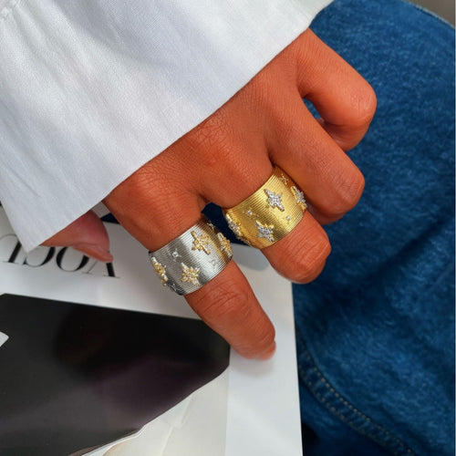 Vintage Italian Hand Brush Cubic Zirco Open Adjustable Bangle Rings, Real Gold Plated Stackable Finger Ring Jewelry Gifts 1PC (Copy)
