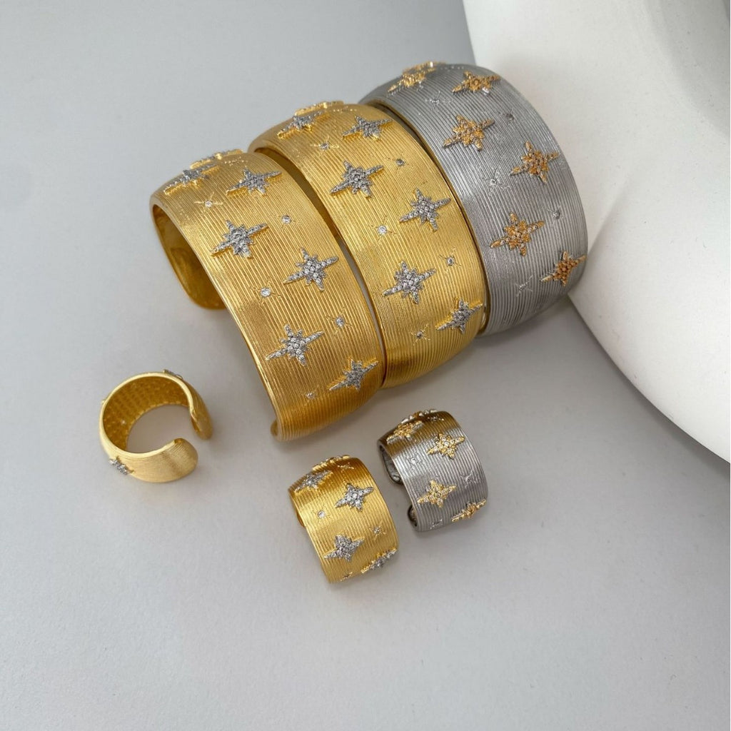 Vintage Italian Hand Brush Cubic Zirco Open Adjustable Bangle Rings, Real Gold Plated Stackable Finger Ring Jewelry Gifts 1PC (Copy)