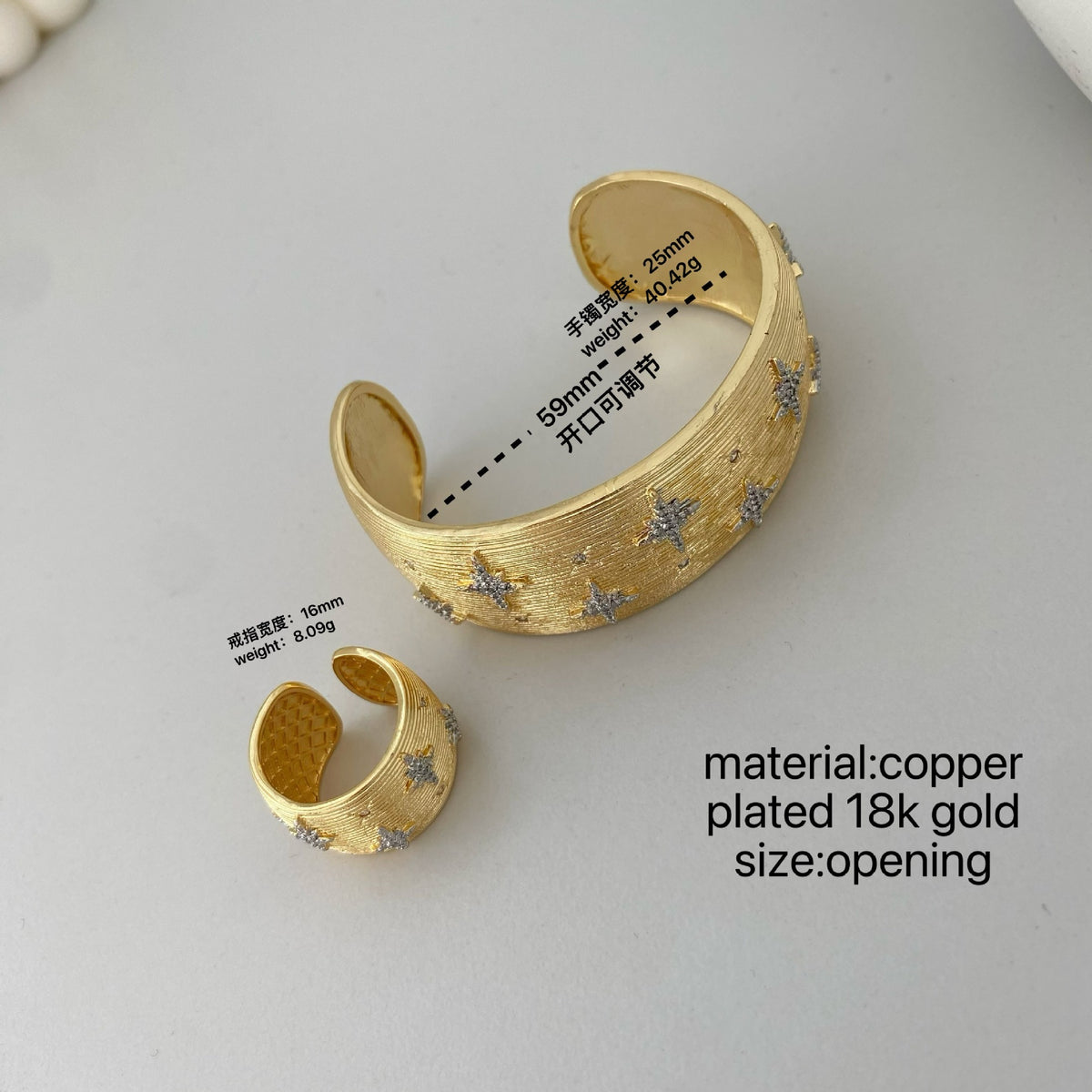 Vintage Italian Hand Brush Cubic Zirco Open Adjustable Bangle Rings, Real Gold Plated Stackable Finger Ring Jewelry Gifts 1PC (Copy)