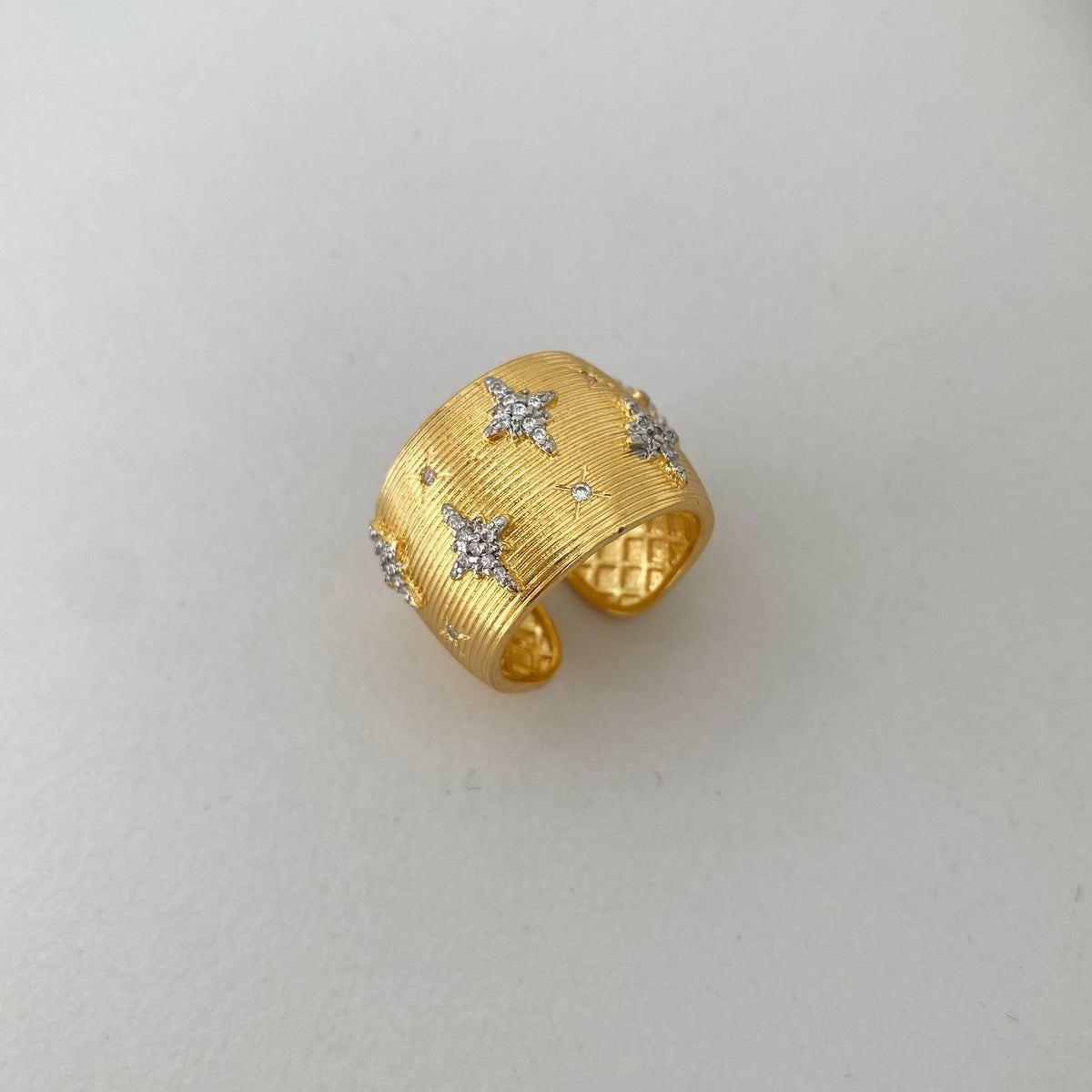 Vintage Italian Hand Brush Cubic Zirco Open Adjustable Bangle Rings, Real Gold Plated Stackable Finger Ring Jewelry Gifts 1PC (Copy)