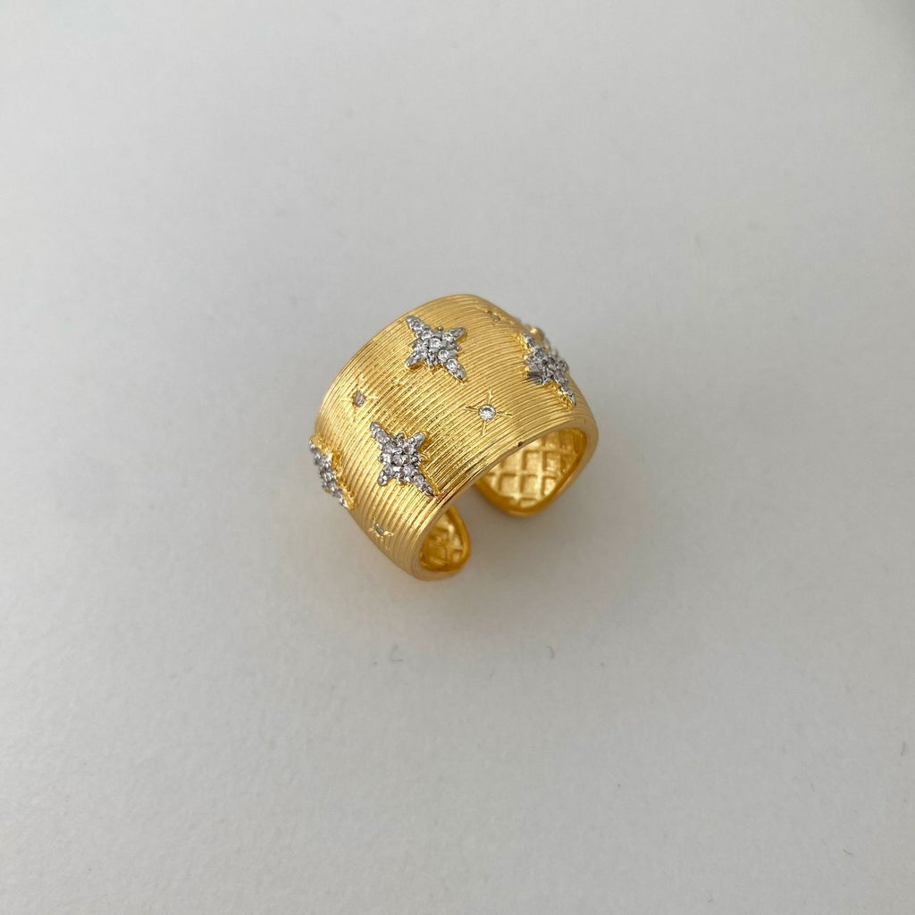 Vintage Italian Hand Brush Cubic Zirco Open Adjustable Bangle Rings, Real Gold Plated Stackable Finger Ring Jewelry Gifts
