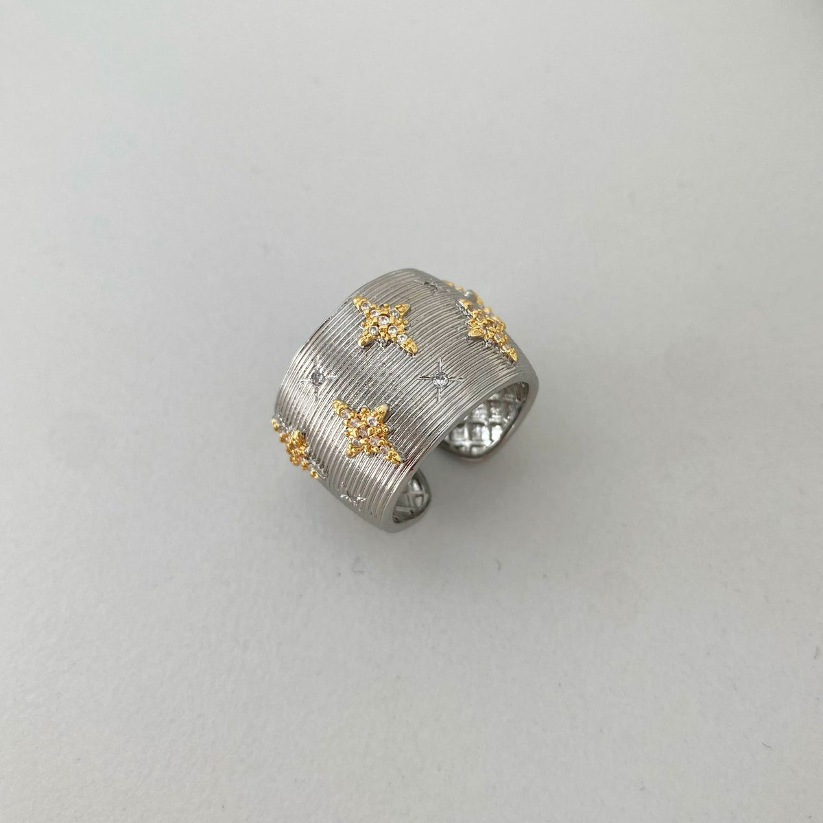 Vintage Italian Hand Brush Cubic Zirco Open Adjustable Bangle Rings, Real Gold Plated Stackable Finger Ring Jewelry Gifts 1PC (Copy)
