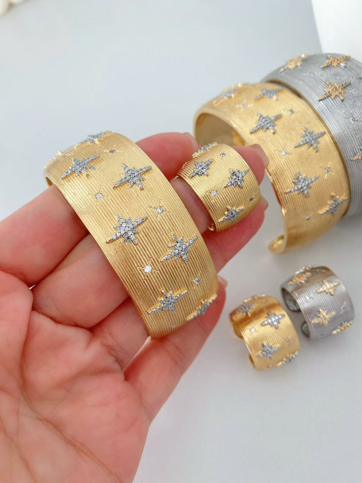 Vintage Italian Hand Brush Cubic Zirco Open Adjustable Bangle Rings, Real Gold Plated Stackable Finger Ring Jewelry Gifts 1PC (Copy)