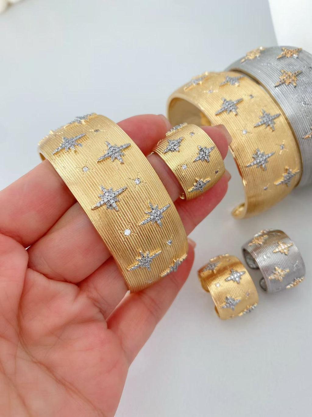 Vintage Italian Hand Brush Cubic Zirco Open Adjustable Bangle Rings, Real Gold Plated Stackable Finger Ring Jewelry Gifts