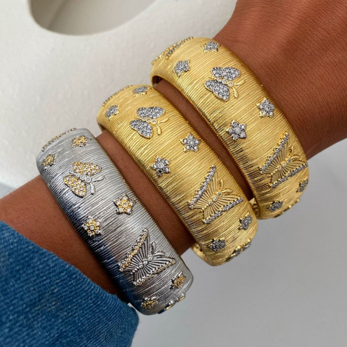 Vintage Italian Hand Brush Cubic Zirco Open Adjustable Bangle Rings, Real Gold Plated Stackable Finger Ring Jewelry Gifts