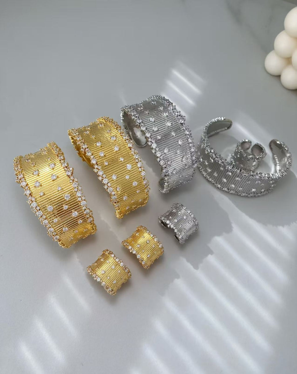 Vintage Italian Hand Brush Cubic Zirco Open Adjustable Bangle Rings, Real Gold Plated Stackable Finger Ring Jewelry Gifts