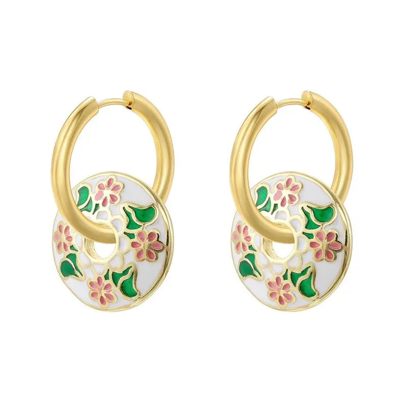 Vintage New Chinese Style Colorful Enamel Chrysanthemum Leaf Hoop Earrings Elegant Floral Ear Buckle Jewelry 1 Pair