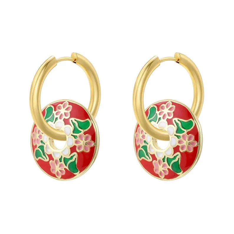 Vintage New Chinese Style Colorful Enamel Chrysanthemum Leaf Hoop Earrings Elegant Floral Ear Buckle Jewelry 1 Pair