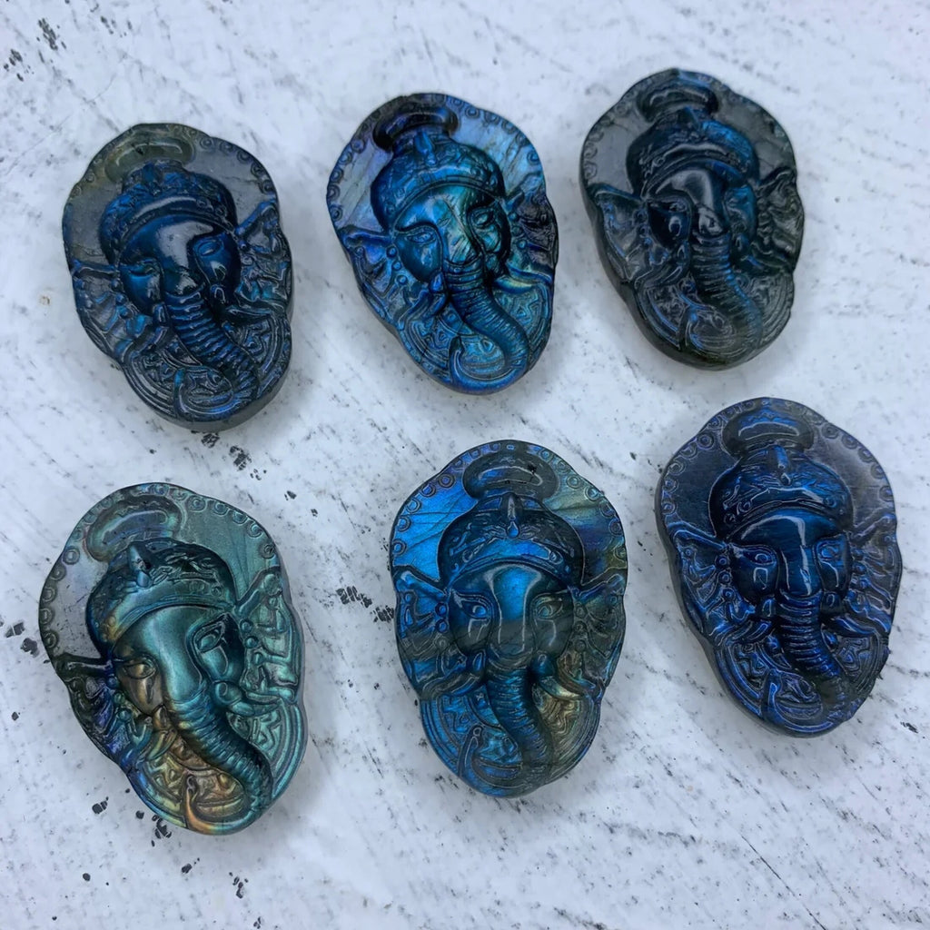 Hand Carved Labradorite Ganesh Pendant, Spiritual Jewelry