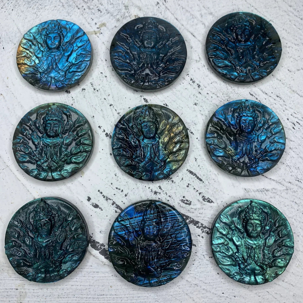 1PC Labradorite Carved Thousand-hand Bodhisattva Kwan-yin Statue Pendant Buddhist Jewelry Making,Round Thousand-hand Guan-yin