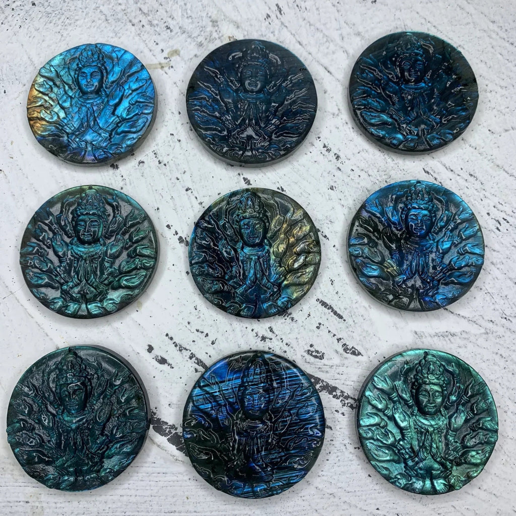 1PC Labradorite Carved Thousand-hand Bodhisattva Kwan-yin Statue Pendant Buddhist Jewelry Making,Round Thousand-hand Guan-yin