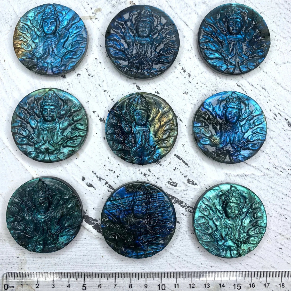 1PC Labradorite Carved Thousand-hand Bodhisattva Kwan-yin Statue Pendant Buddhist Jewelry Making,Round Thousand-hand Guan-yin