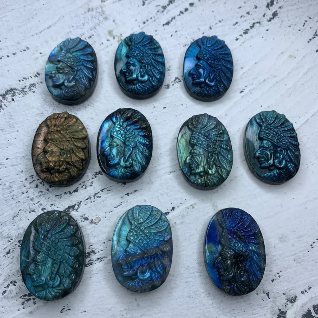 Labradorite Hand Carved Indian Head 1PC, Head Pendant, Indian Head Jewelry, Healing Crystal, Crystal Gift