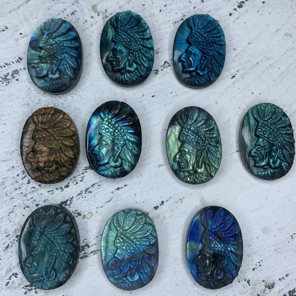Labradorite Hand Carved Indian Head 1PC, Head Pendant, Indian Head Jewelry, Healing Crystal, Crystal Gift