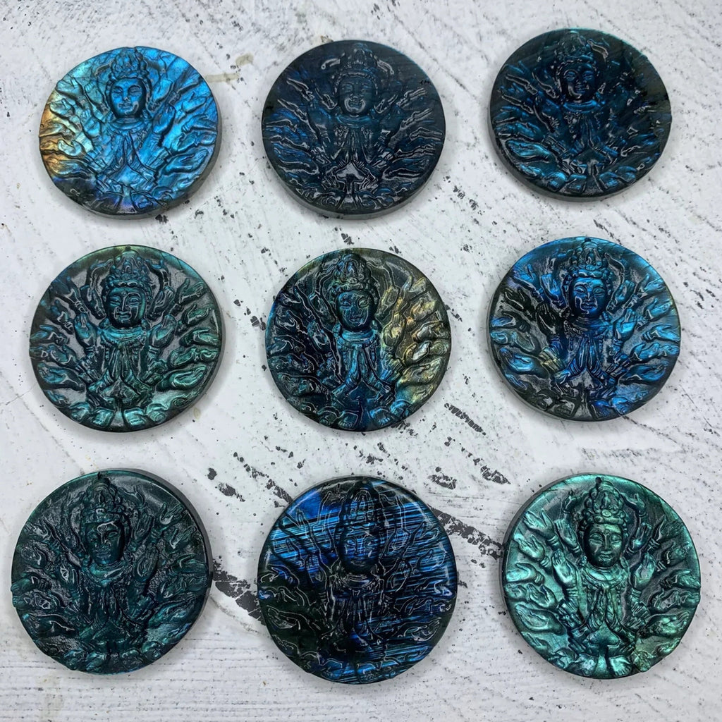 1PC Labradorite Carved Thousand-hand Bodhisattva Kwan-yin Statue Pendant Buddhist Jewelry Making,Round Thousand-hand Guan-yin