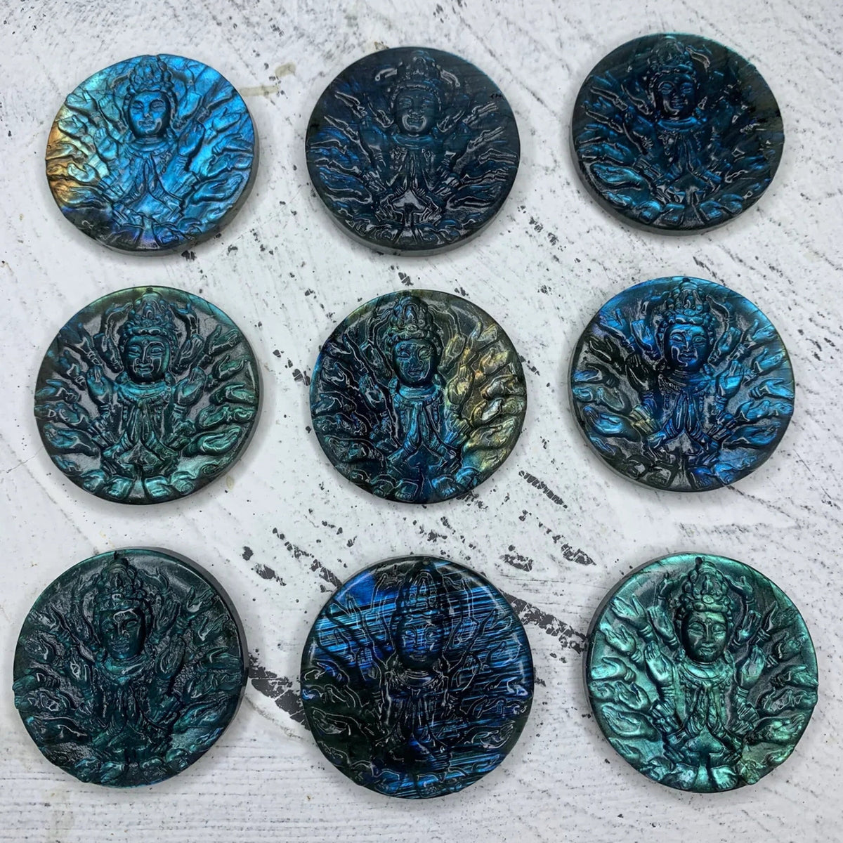 1PC Labradorite Carved Thousand-hand Bodhisattva Kwan-yin Statue Pendant Buddhist Jewelry Making,Round Thousand-hand Guan-yin
