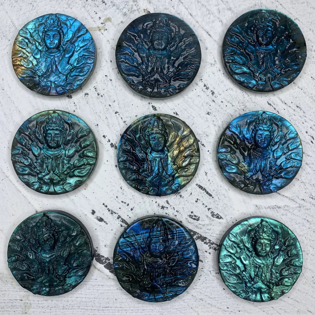 1PC Labradorite Carved Thousand-hand Bodhisattva Kwan-yin Statue Pendant Buddhist Jewelry Making,Round Thousand-hand Guan-yin