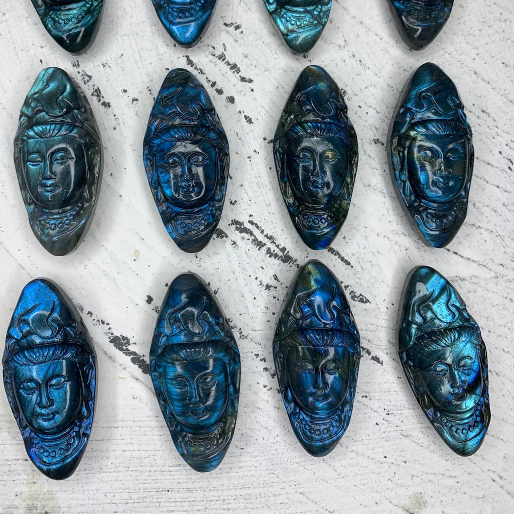 Labradorite Quan Yin Pendant - Hand Carved Bodhisattva Gemstone (62MM)