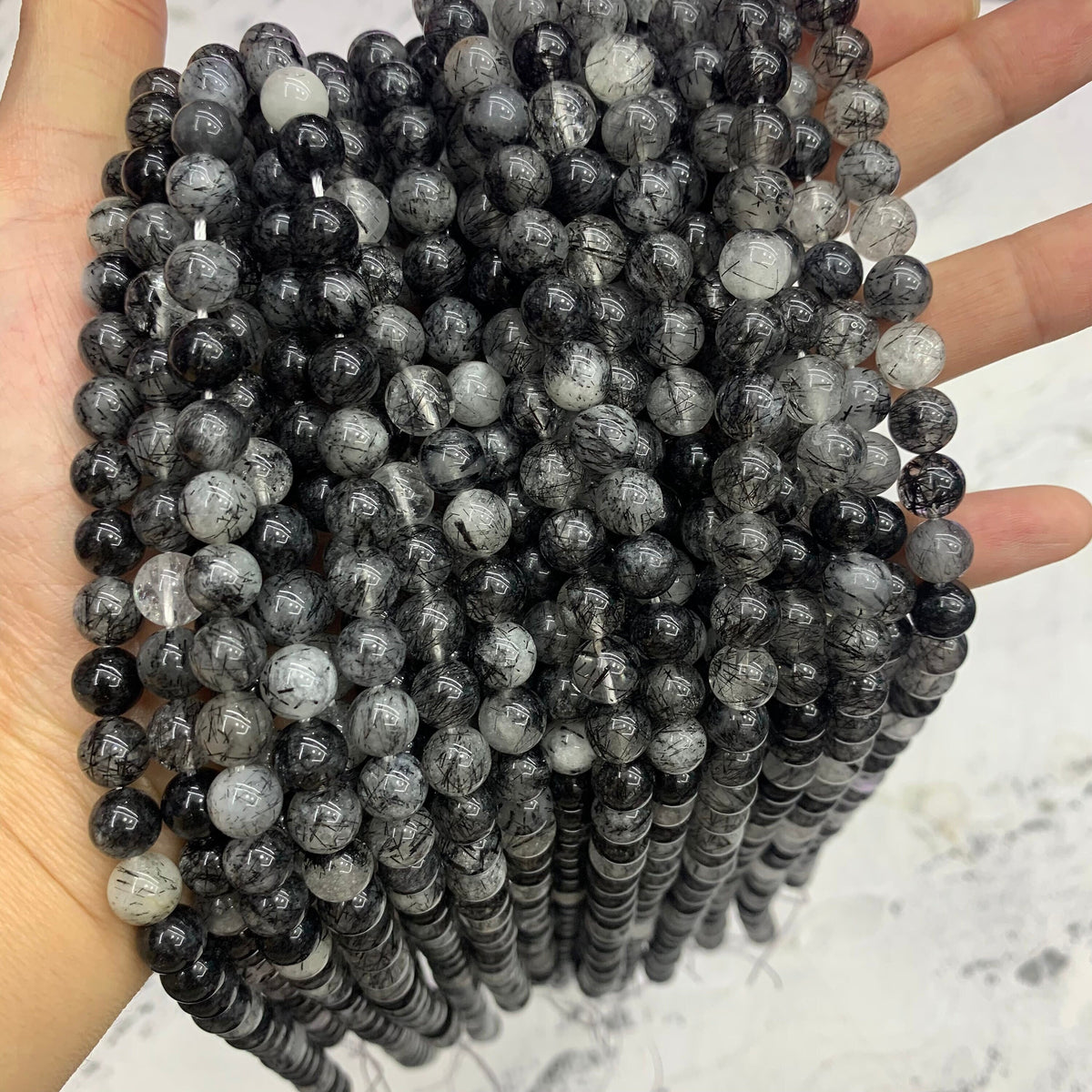 Natural Black Rutilated Quartz 8mm Round Beads Black White Gemstone Tourmaline Quartz Loose Beads AAA Loose Bead 15.5 Inch Strand
