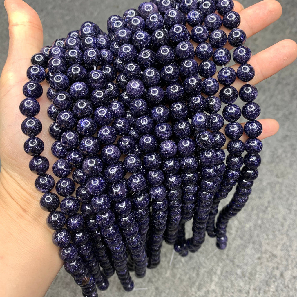 Natural Blue Gold Stone Beads 6mm 8mm 10mm Gemstone Round Loose Blue Sandstone Beads for Jewelry DIY Making Strand 15.5" Garde AAA
