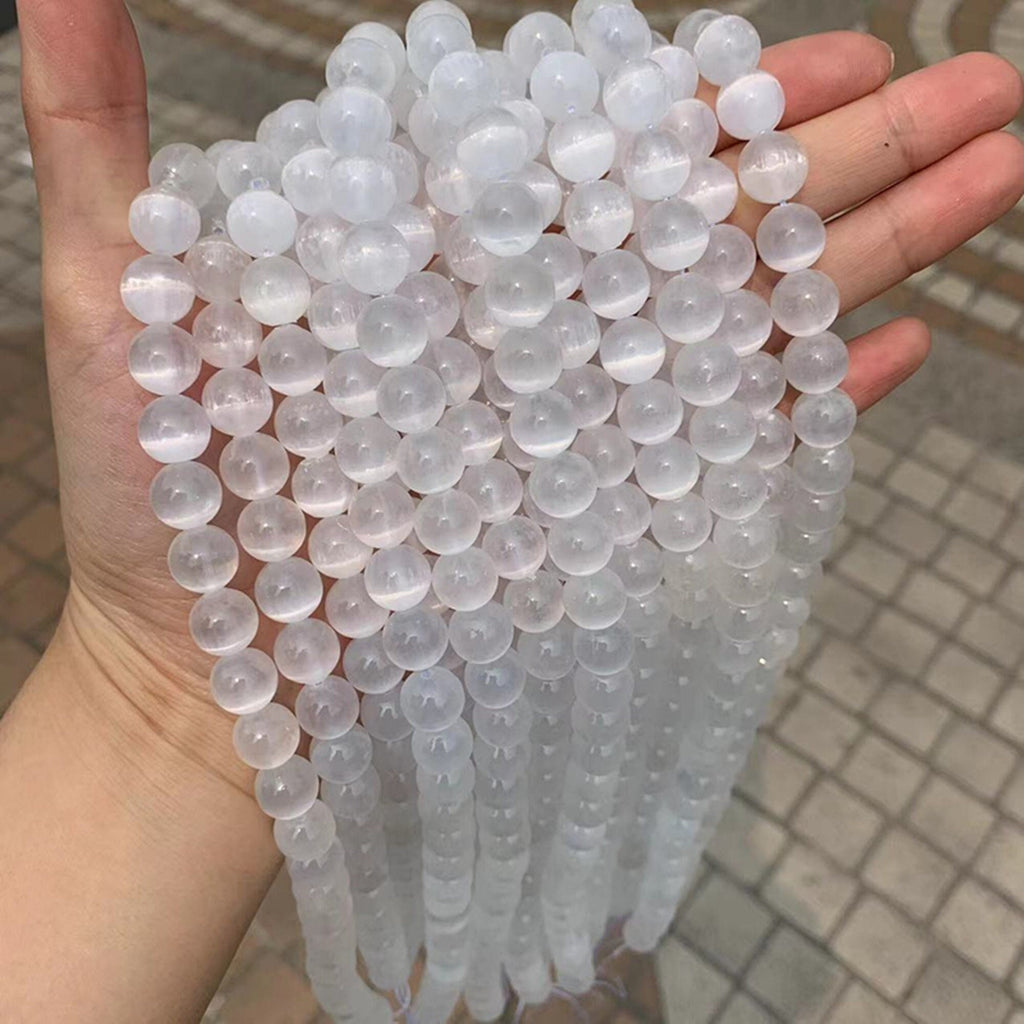 Natural Clear Selenite Round Bead Selenite Loose Beads Gemstone Beads Clear Selenite Gemstone Cat Eye Loose Bead 6mm 8mm 10mm 15.5 Inch AAA