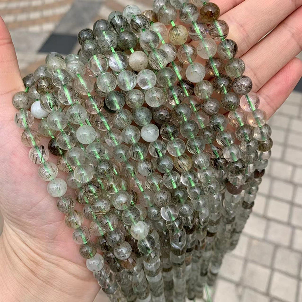 Natural Tourmaline Rutilated Quartz Beads Green Gemstone Stone Beads Smooth Round Beads 6mm 7mm 9mm 12mm 15.5" Strand AAA Grad