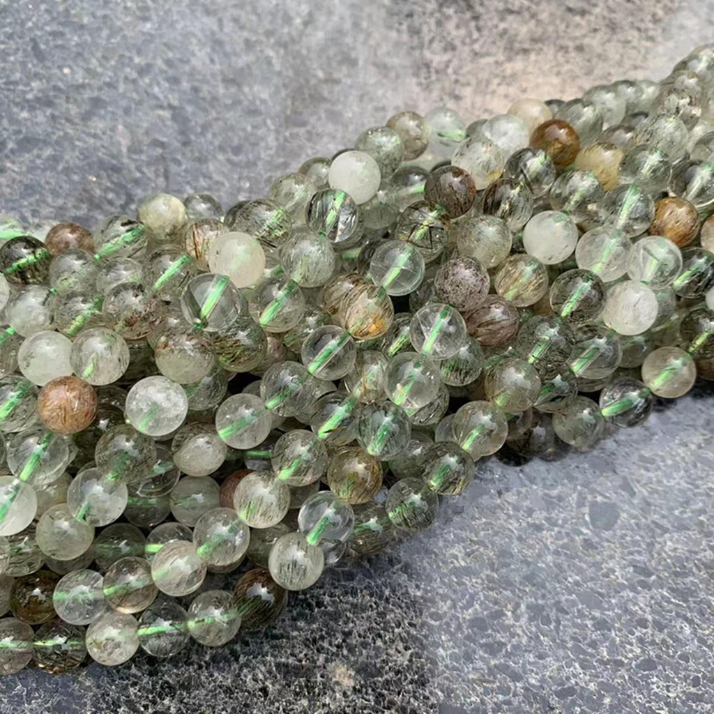 Natural Tourmaline Rutilated Quartz Beads Green Gemstone Stone Beads Smooth Round Beads 6mm 7mm 9mm 12mm 15.5" Strand AAA Grad