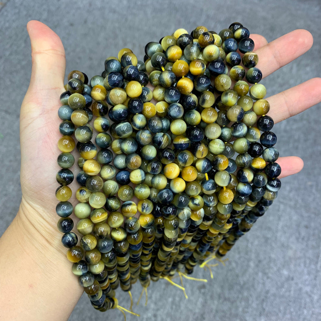 Natural Blue Yellow Tiger Eye Beads 6mm 8mm 10mm Gemstone Loose Beads Blue Yellow Color Tiger Eye Bead for DIY Jewelry Making 15.5 Inch AAA