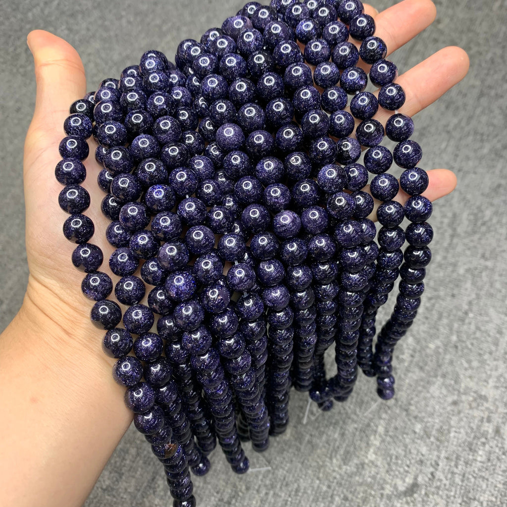 Natural Blue Gold Stone Beads 6mm 8mm 10mm Gemstone Round Loose Blue Sandstone Beads for Jewelry DIY Making Strand 15.5" Garde AAA