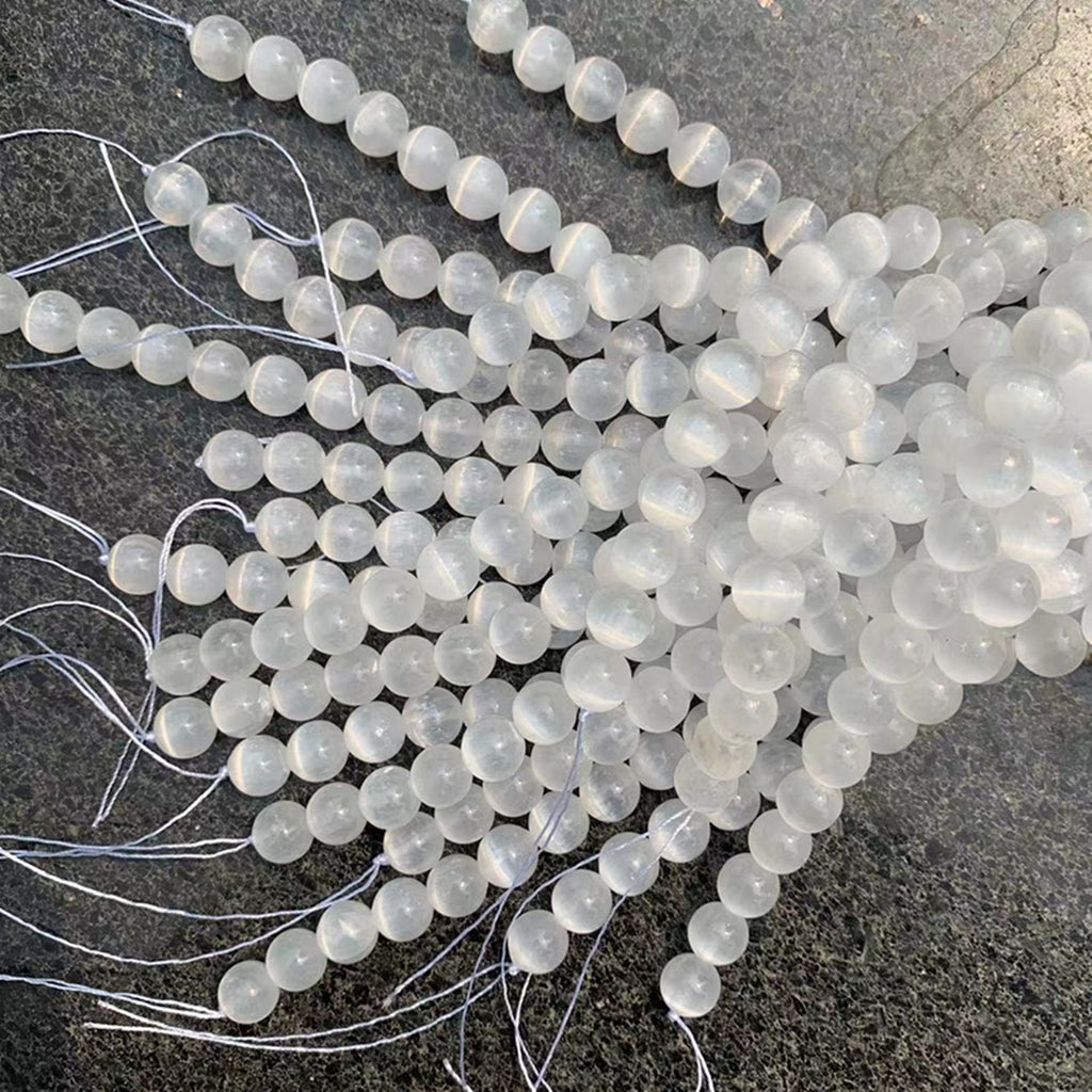 Natural Clear Selenite Round Bead Selenite Loose Beads Gemstone Beads Clear Selenite Gemstone Cat Eye Loose Bead 6mm 8mm 10mm 15.5 Inch AAA