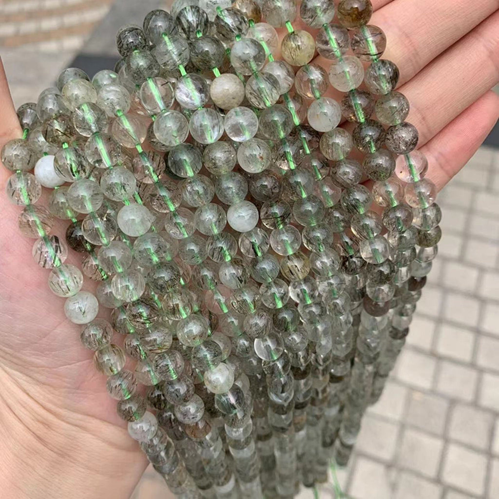 Natural Tourmaline Rutilated Quartz Beads Green Gemstone Stone Beads Smooth Round Beads 6mm 7mm 9mm 12mm 15.5" Strand AAA Grad