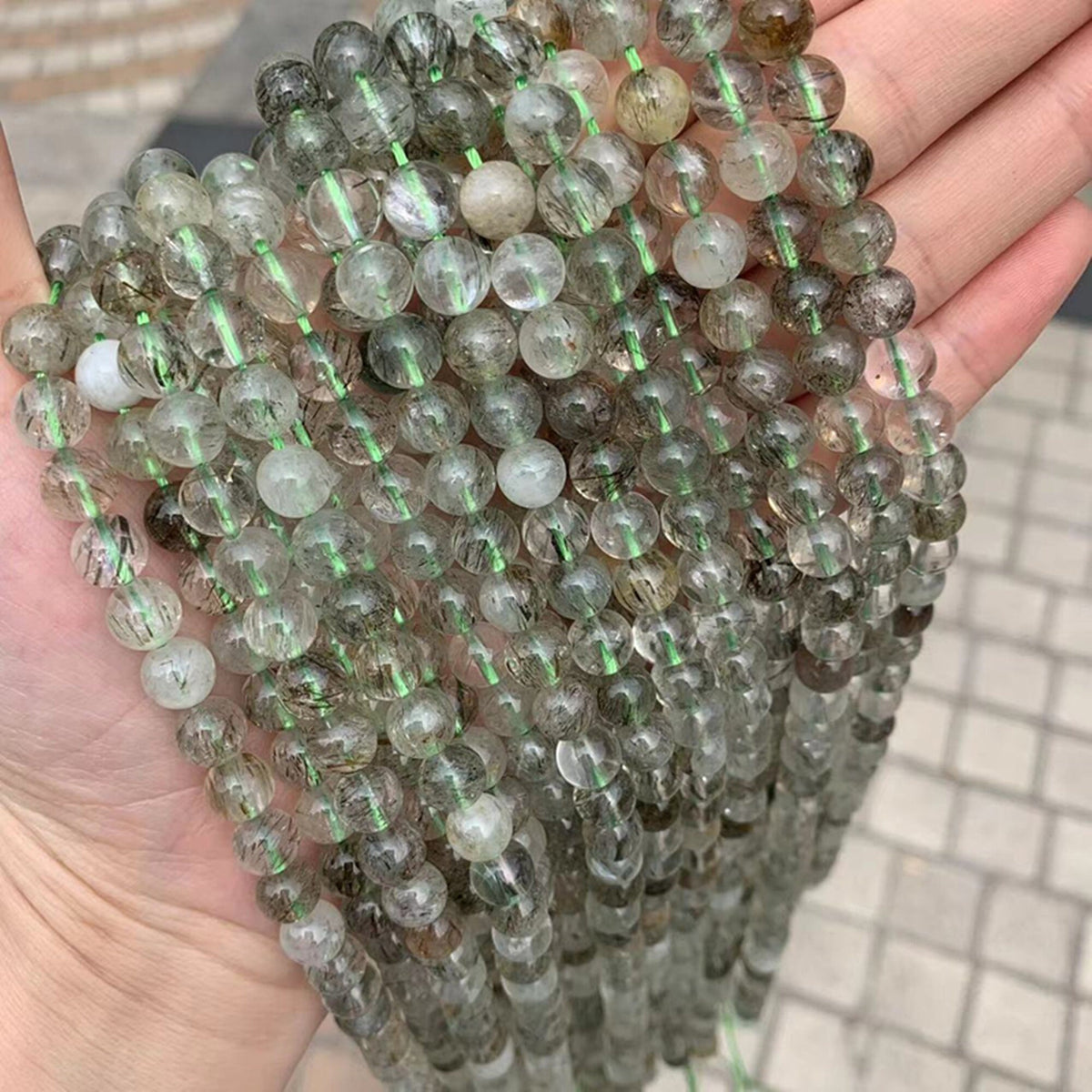 Natural Tourmaline Rutilated Quartz Beads Green Gemstone Stone Beads Smooth Round Beads 6mm 7mm 9mm 12mm 15.5" Strand AAA Grad