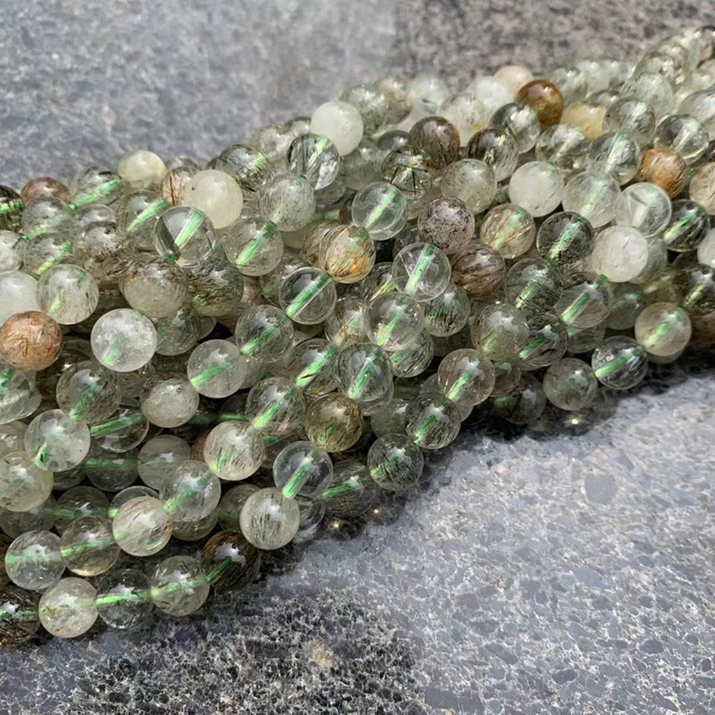 Natural Tourmaline Rutilated Quartz Beads Green Gemstone Stone Beads Smooth Round Beads 6mm 7mm 9mm 12mm 15.5" Strand AAA Grad