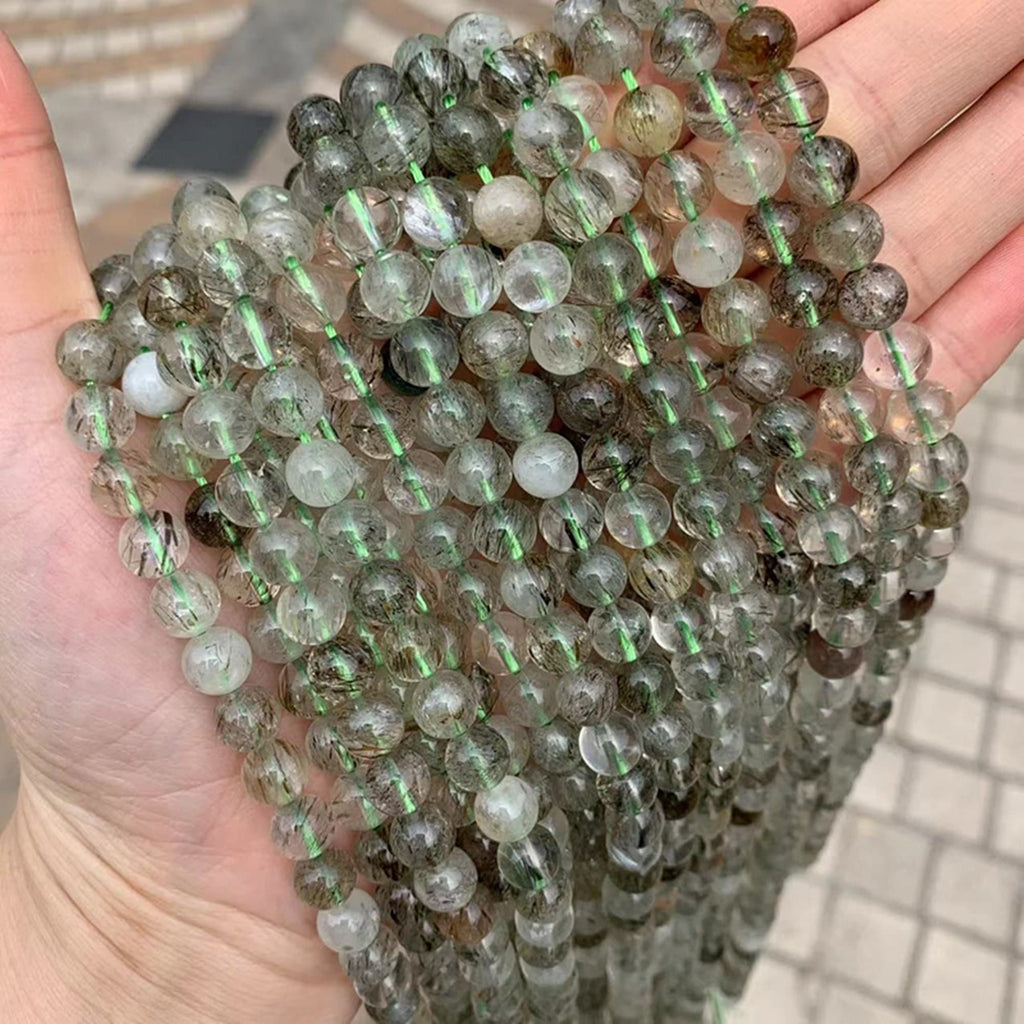 Natural Tourmaline Rutilated Quartz Beads Green Gemstone Stone Beads Smooth Round Beads 6mm 7mm 9mm 12mm 15.5" Strand AAA Grad