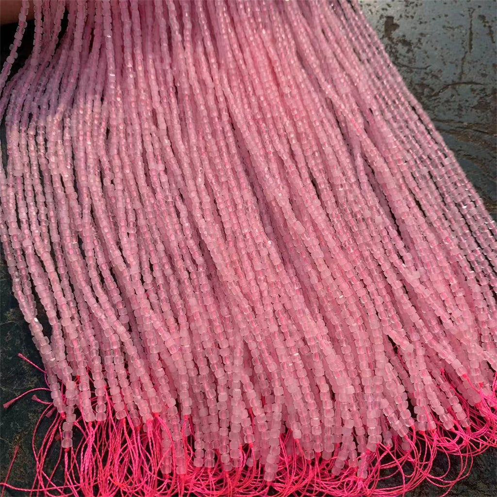 Natural Rose Quartz Beads Micro Faceted Rose Quartz Cube Bead 2.5mm Pink Gemstones Loose Beads for Jewelry Making 15.5 Inch Strand AAA