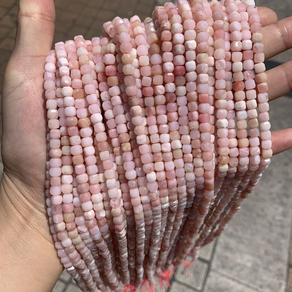 Natural Pink Opal Cube Faceted Beads 4.5mm Gemstone Loose Pink Opal Stone Square Beads for Jewelry DIY Making Strand 15.5" Garde AAA